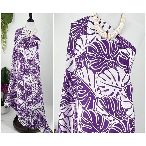 Purple White Monstera Tropical Hawaiian MAXI SARONG Kīkepa Pareo Beach WrapSkirt - Picture 3 of 5